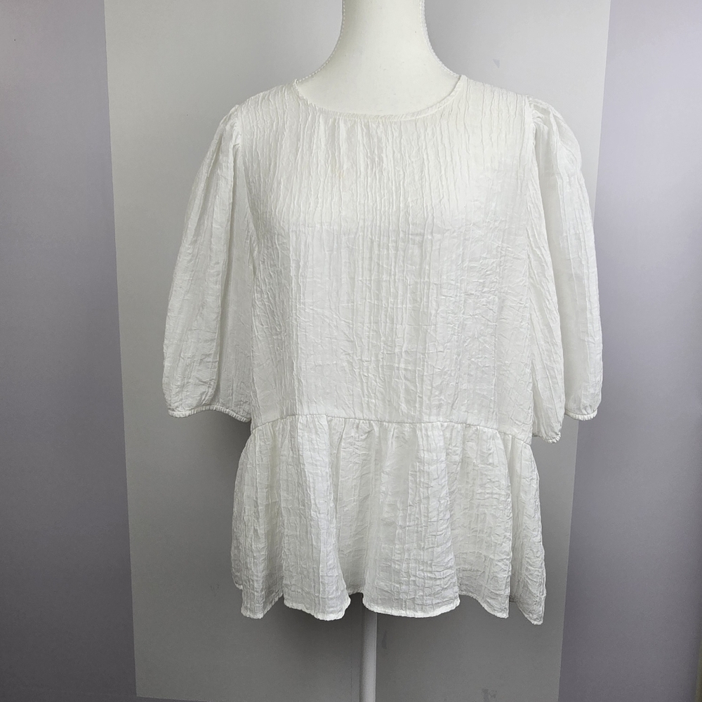 H&M White Textured Peplum 3/4 Sleeved Blouse, Sz L